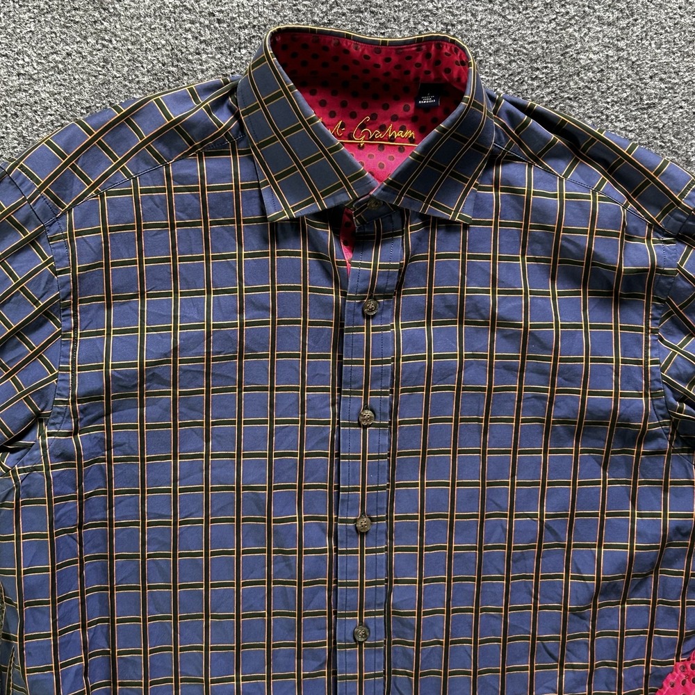 Robert Graham Shirt Mens Large Blue Plaid Long Sleeve Contrast Cuff Trim
